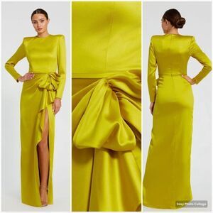 MAC DUGGAL  Chartreuse Long Sleeve Structured Bow Draped Gown 4